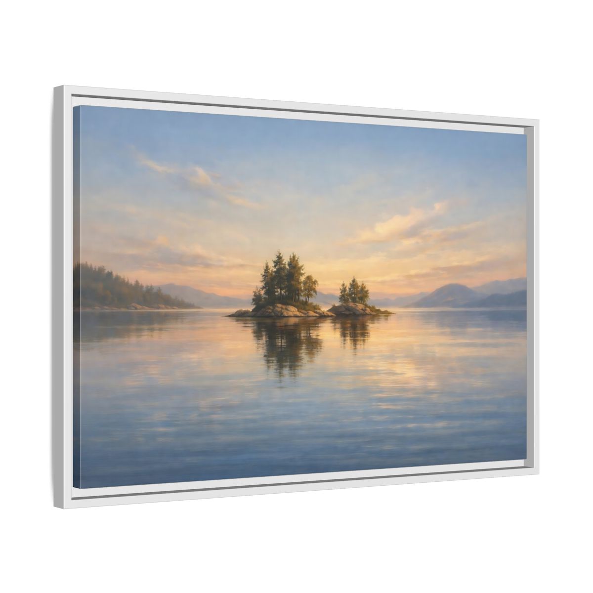 Side Mockup 10. Nature Islands Sunset Lake shown as stretched canvas wall art