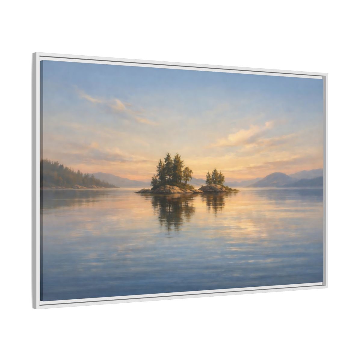 Side Mockup 7. Nature Islands Sunset Lake shown as stretched canvas wall art