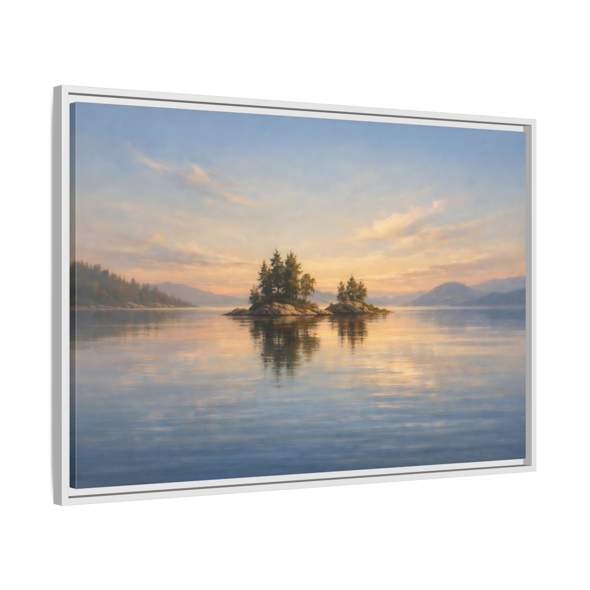 Side Mockup 8. Nature Islands Sunset Lake shown as stretched canvas wall art