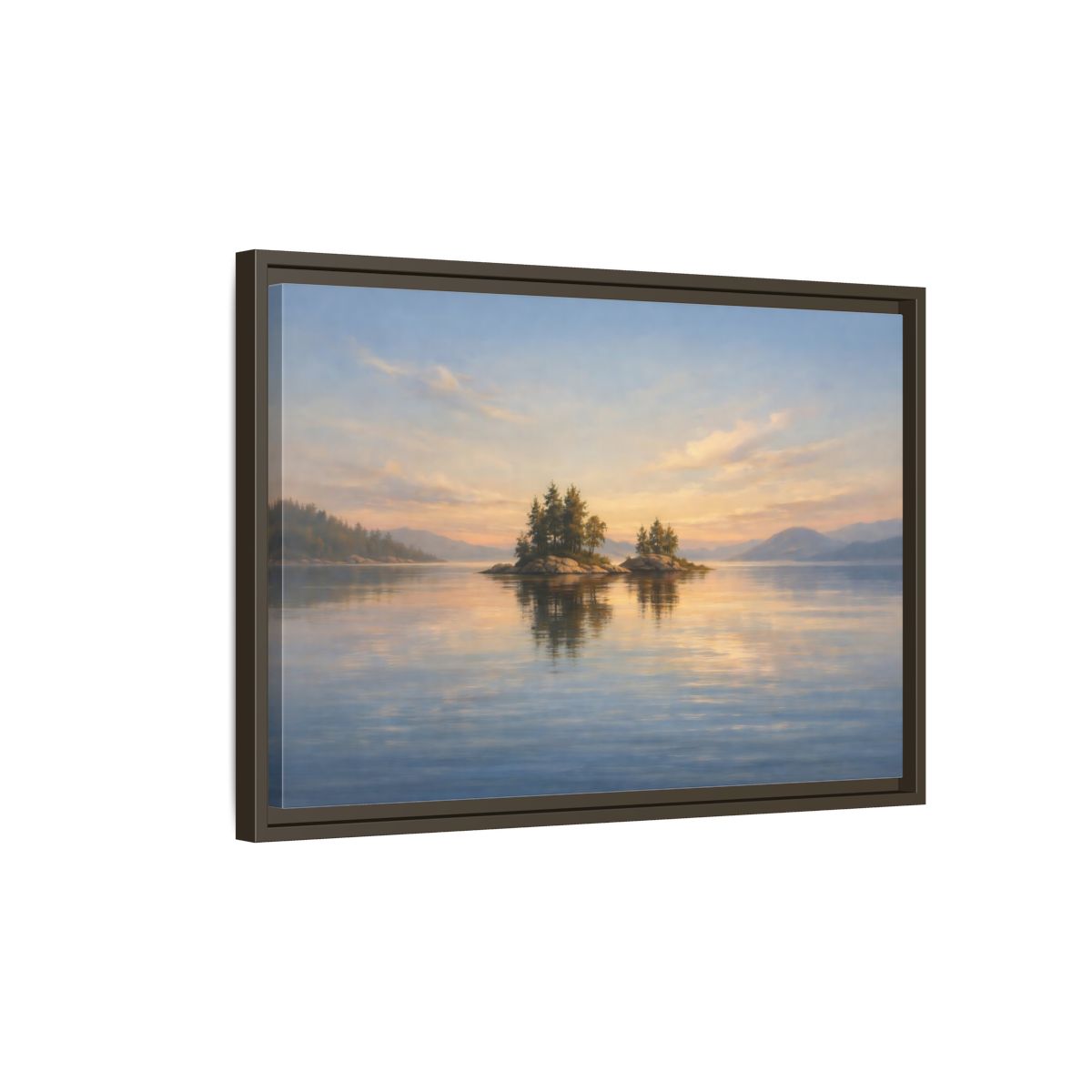 Side Mockup 2. Nature Islands Sunset Lake shown as stretched canvas wall art