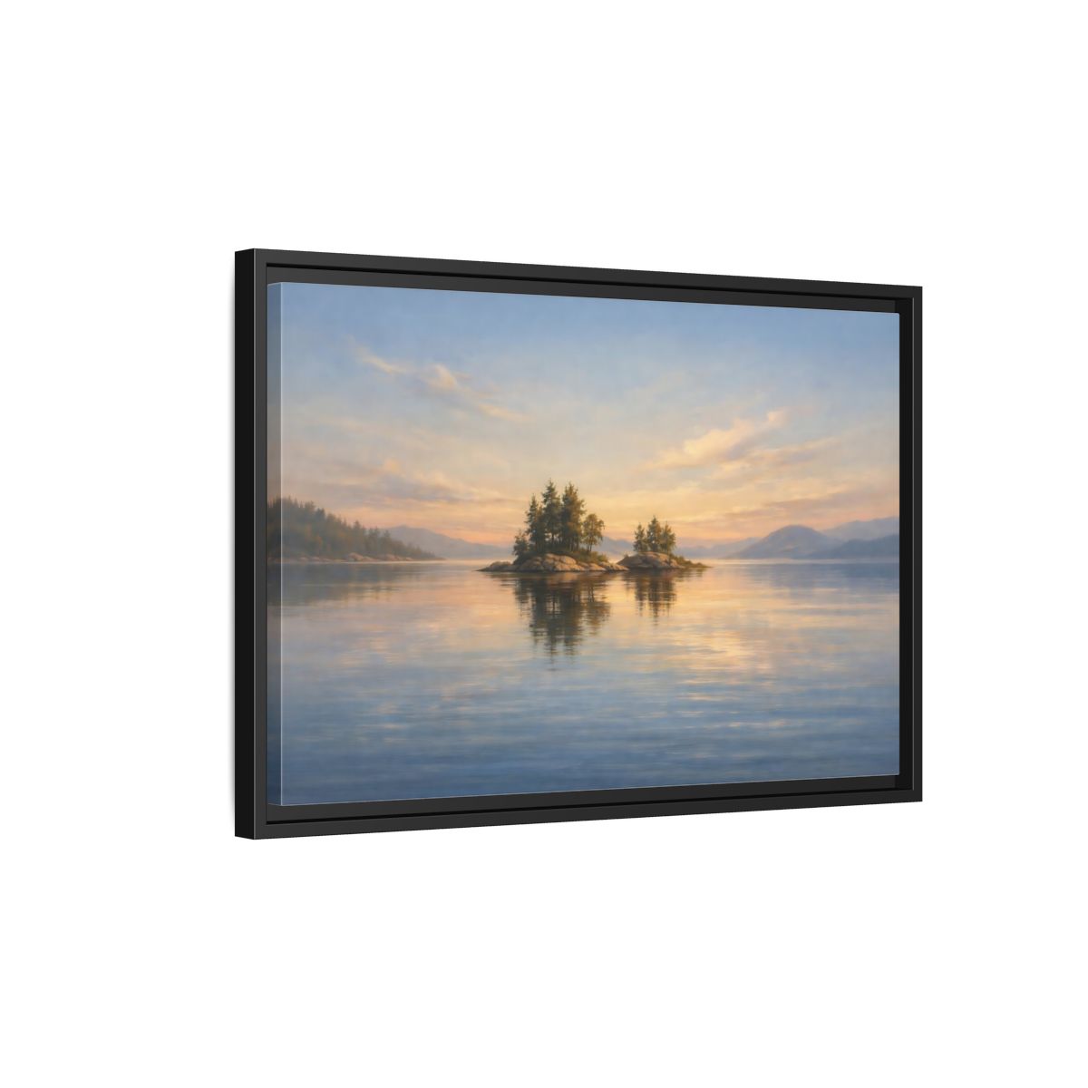 Side Mockup 3. Nature Islands Sunset Lake shown as stretched canvas wall art