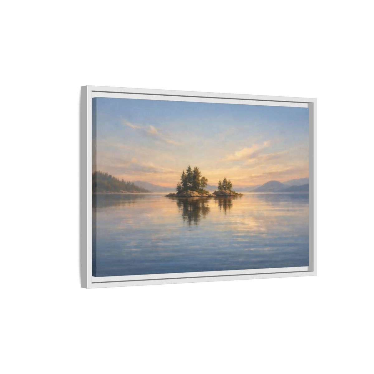 Side Mockup 1. Nature Islands Sunset Lake shown as stretched canvas wall art