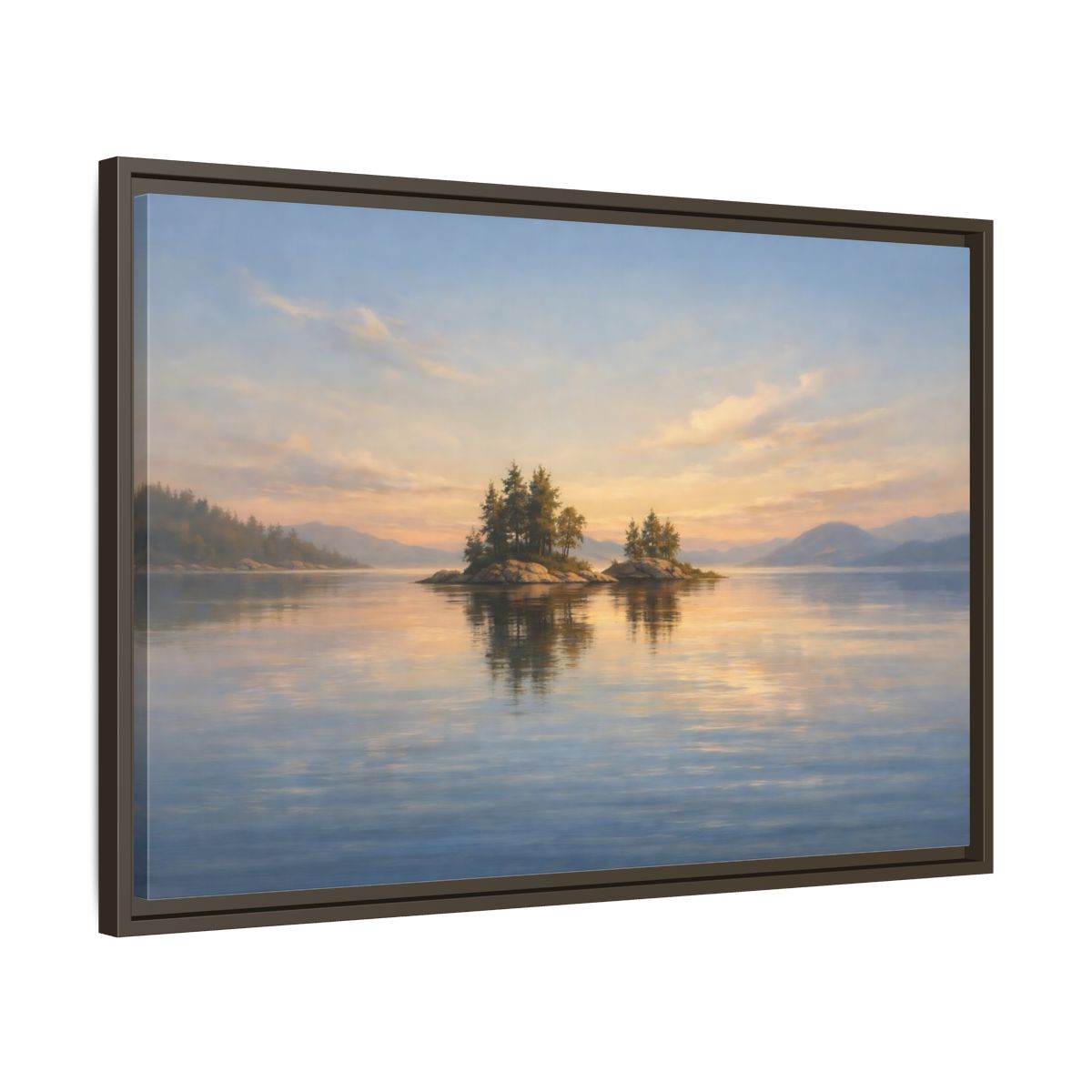 Side Mockup 11. Nature Islands Sunset Lake shown as stretched canvas wall art