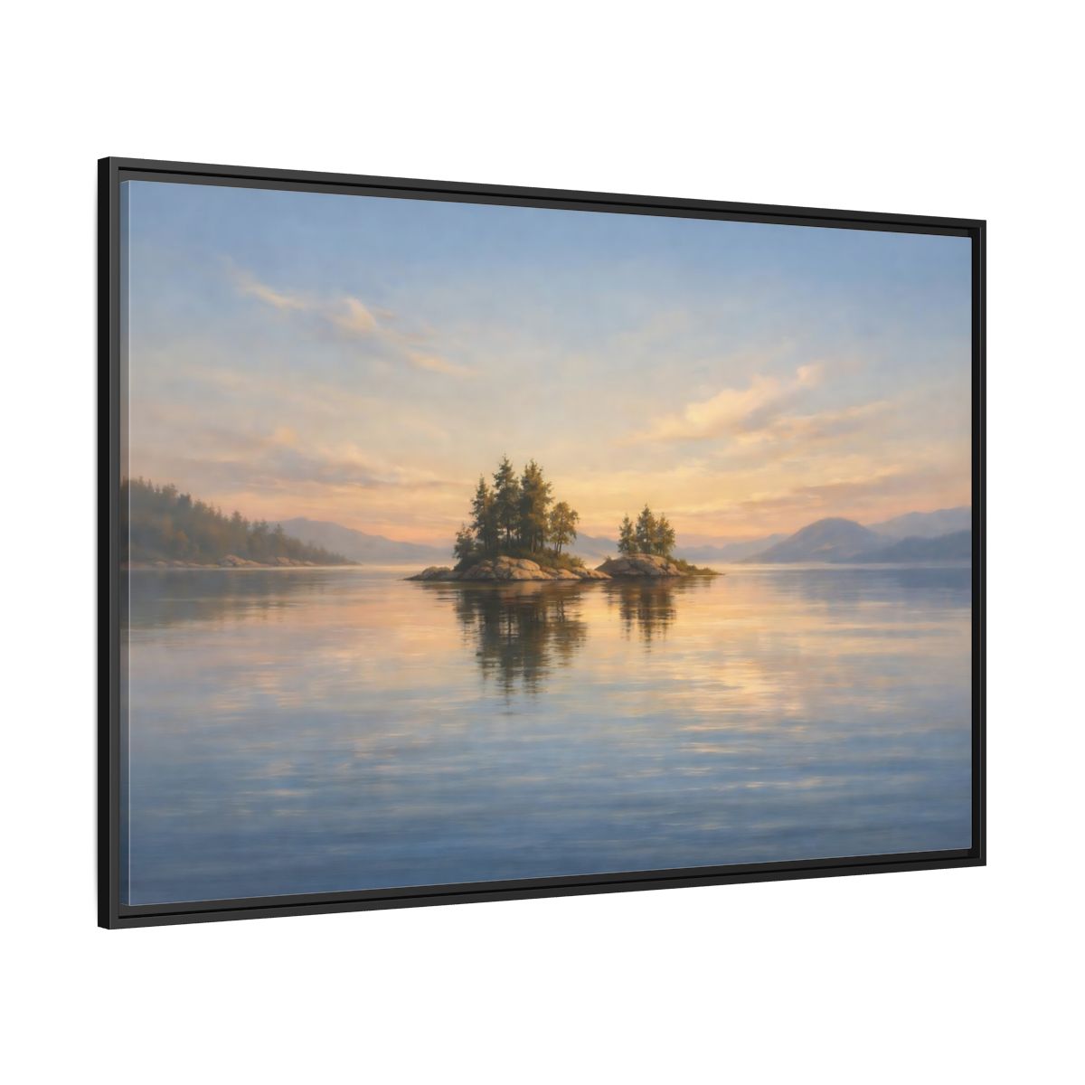 Side Mockup 12. Nature Islands Sunset Lake shown as stretched canvas wall art