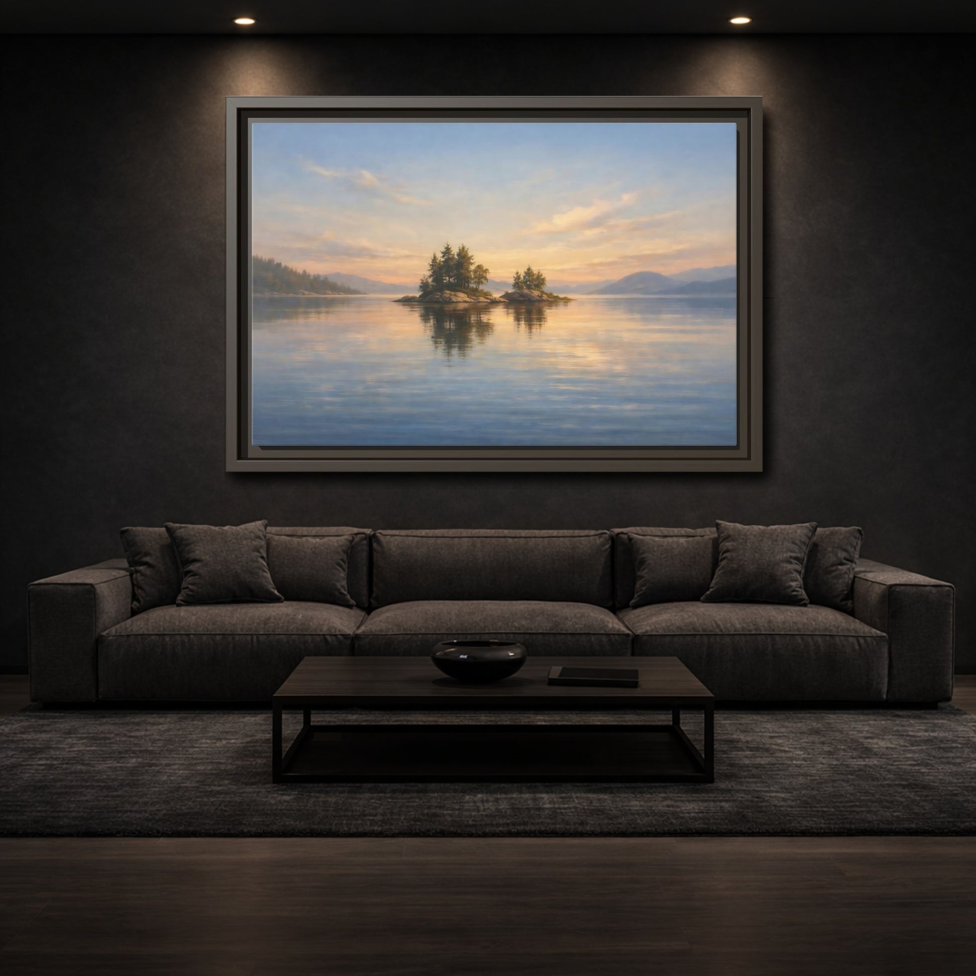 Mockup 2. Nature Islands Sunset Lake shown as stretched canvas wall art