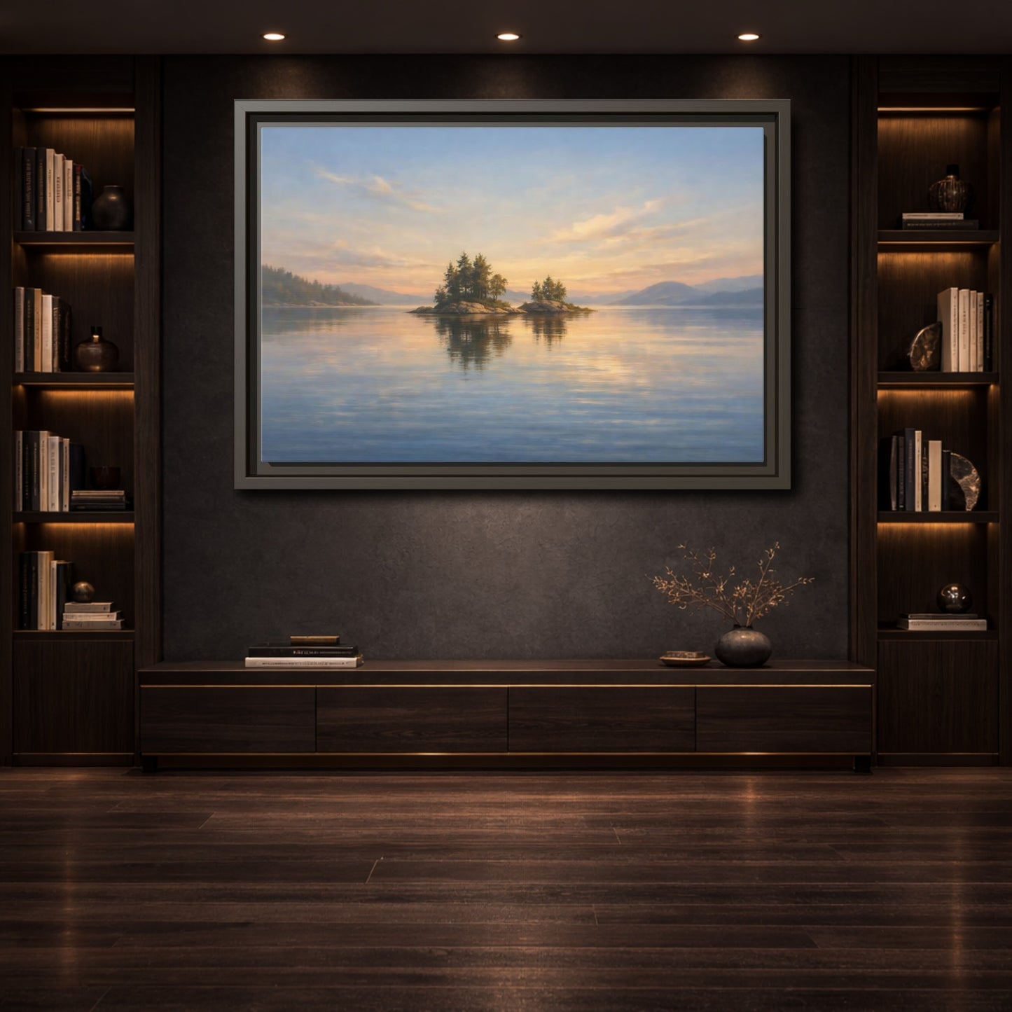 Mockup 3. Nature Islands Sunset Lake shown as stretched canvas wall art