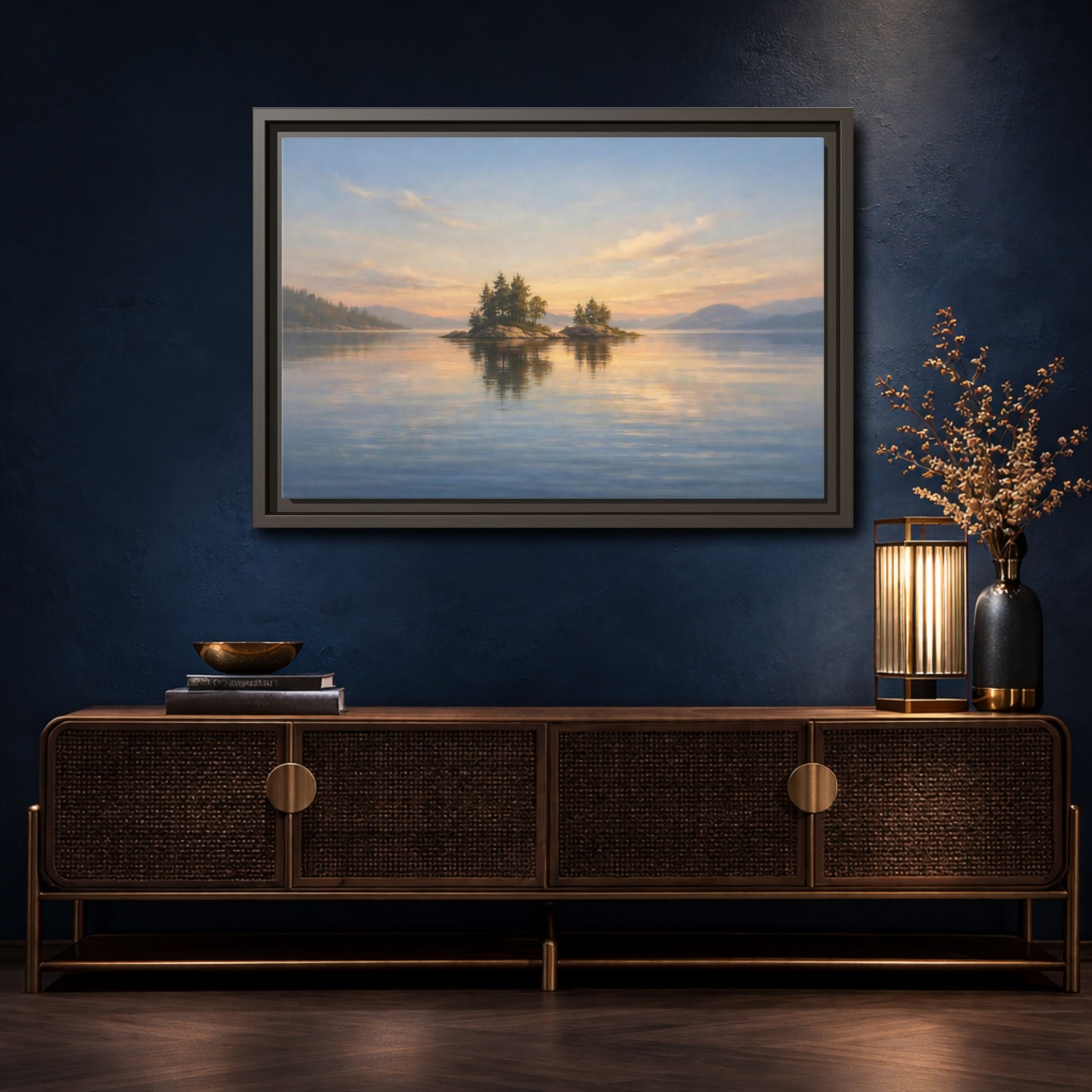 Mockup 4. Nature Islands Sunset Lake shown as stretched canvas wall art
