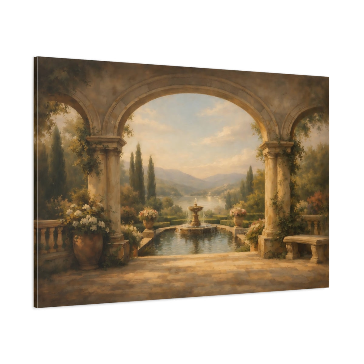 Main Mockup. Nature Italian Garden Tuscan Garden View shown as stretched canvas wall art
