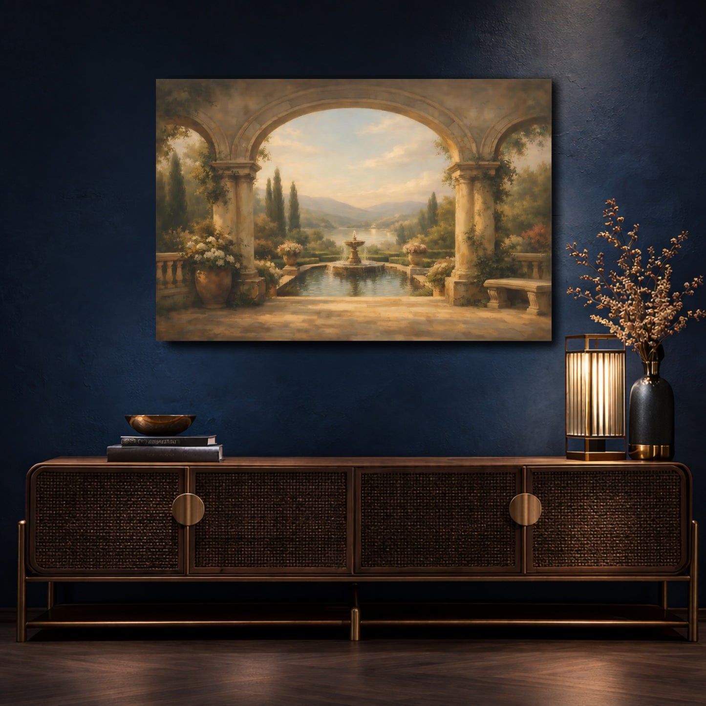 Mockup 4. Nature Italian Garden Tuscan Garden View shown as stretched canvas wall art