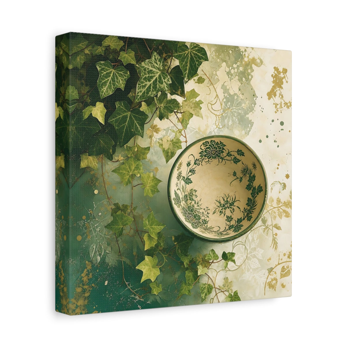 Side Mockup 9. Nature Ivy, Bowl Green And Gold shown as stretched canvas wall art