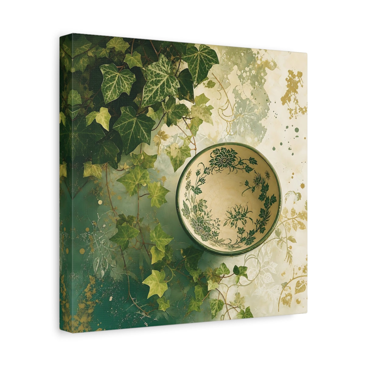 Side Mockup 8. Nature Ivy, Bowl Green And Gold shown as stretched canvas wall art