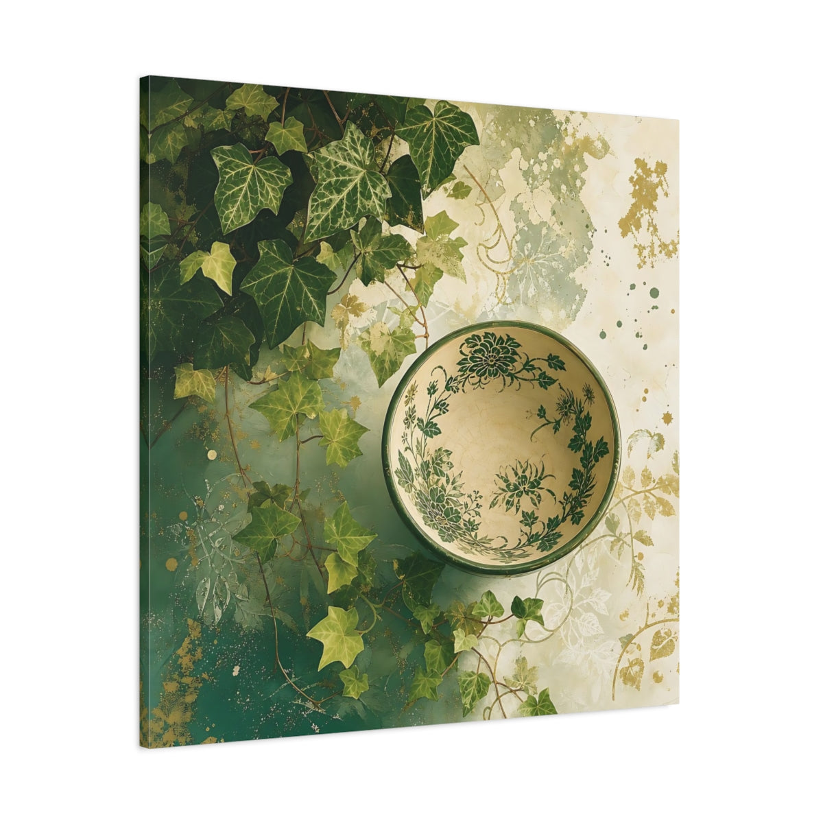 Side Mockup 1. Nature Ivy, Bowl Green And Gold shown as stretched canvas wall art