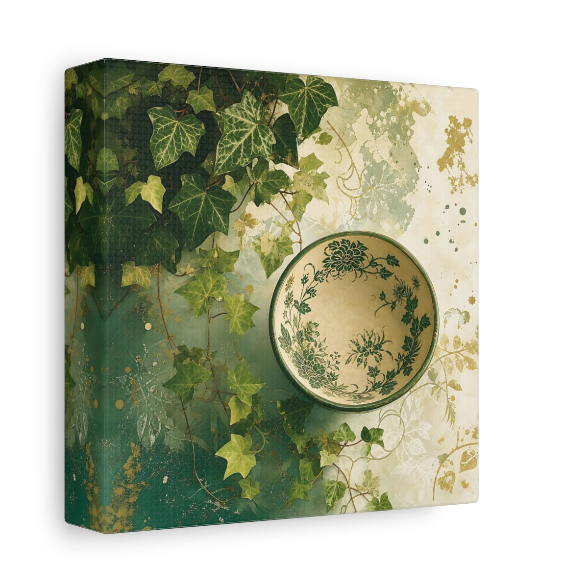Side Mockup 2. Nature Ivy, Bowl Green And Gold shown as stretched canvas wall art