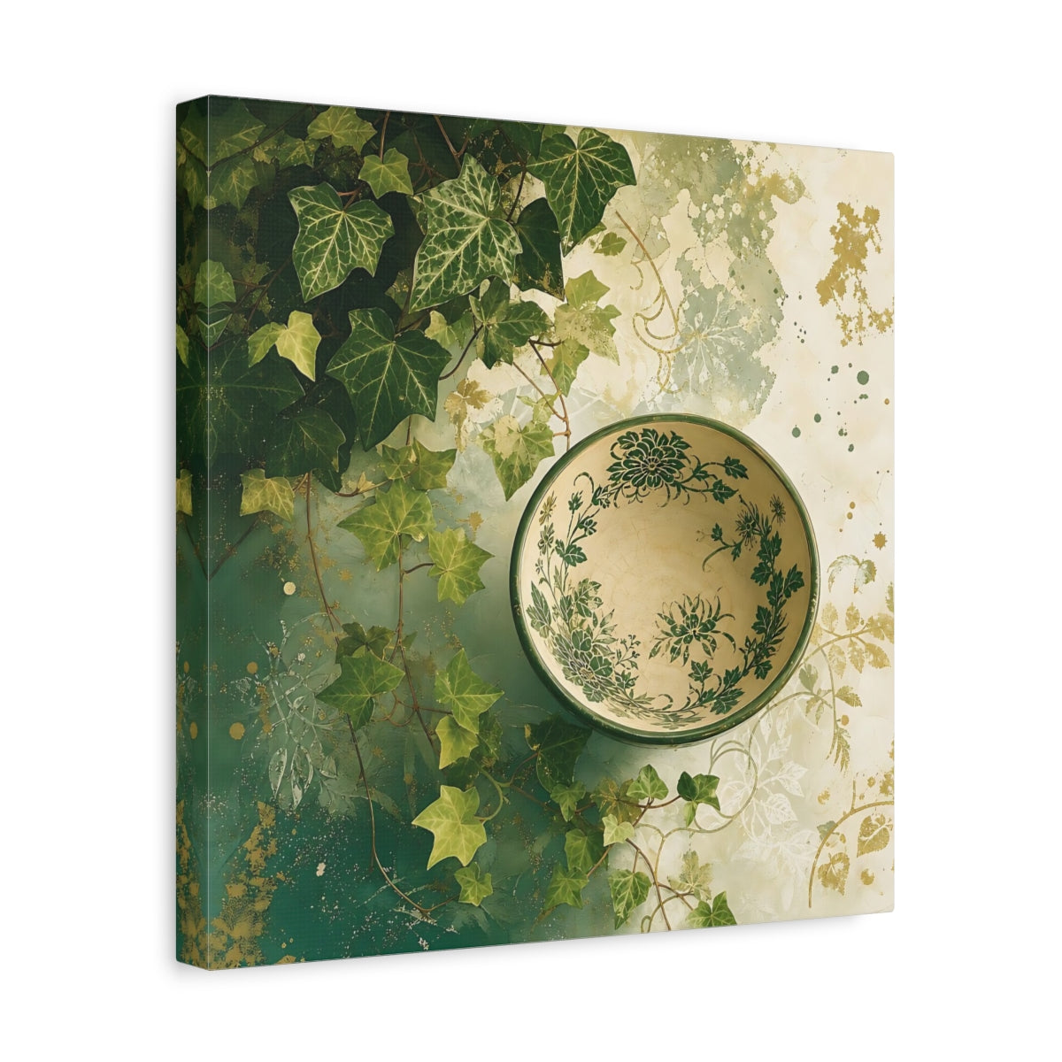 Side Mockup 7. Nature Ivy, Bowl Green And Gold shown as stretched canvas wall art