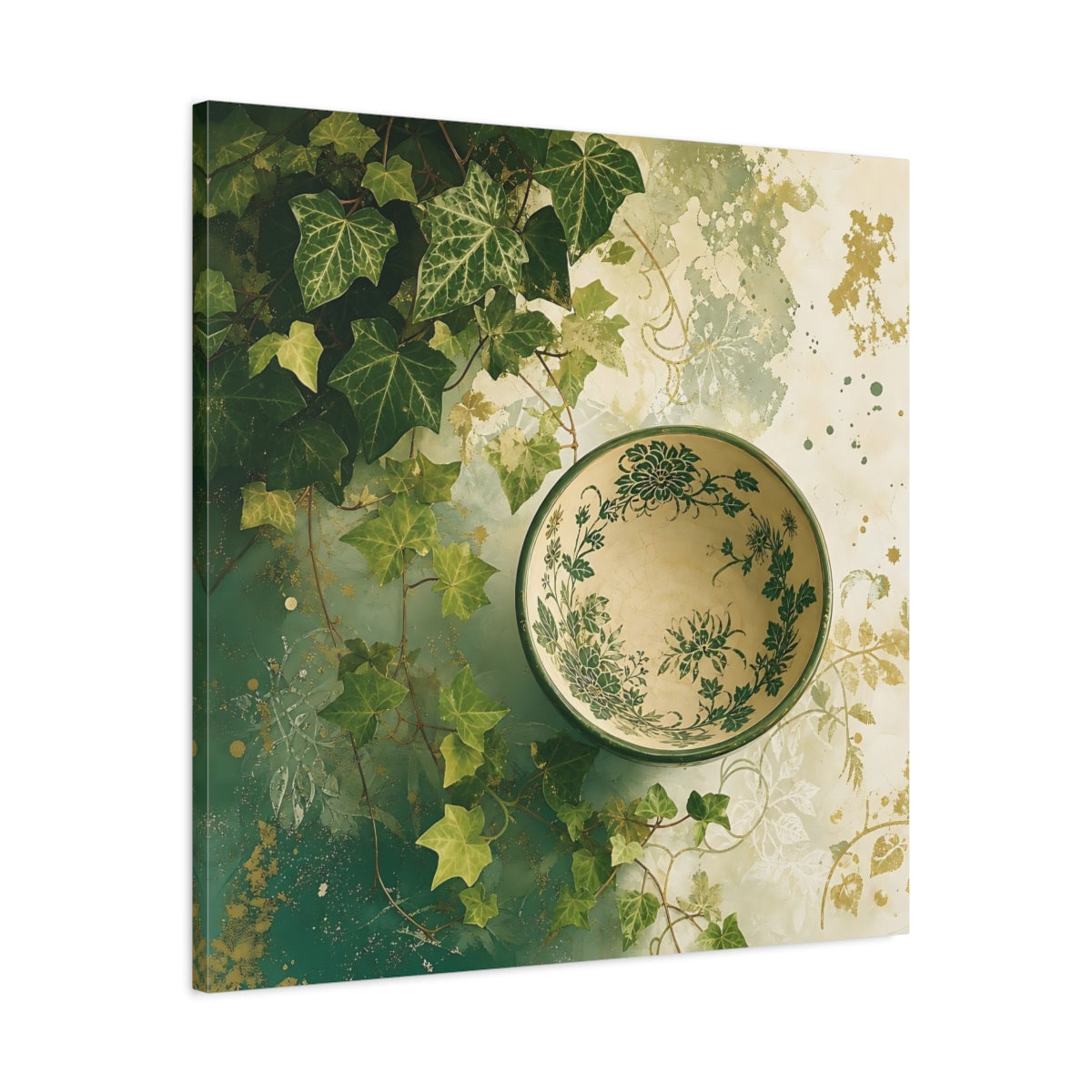 Side Mockup 3. Nature Ivy, Bowl Green And Gold shown as stretched canvas wall art