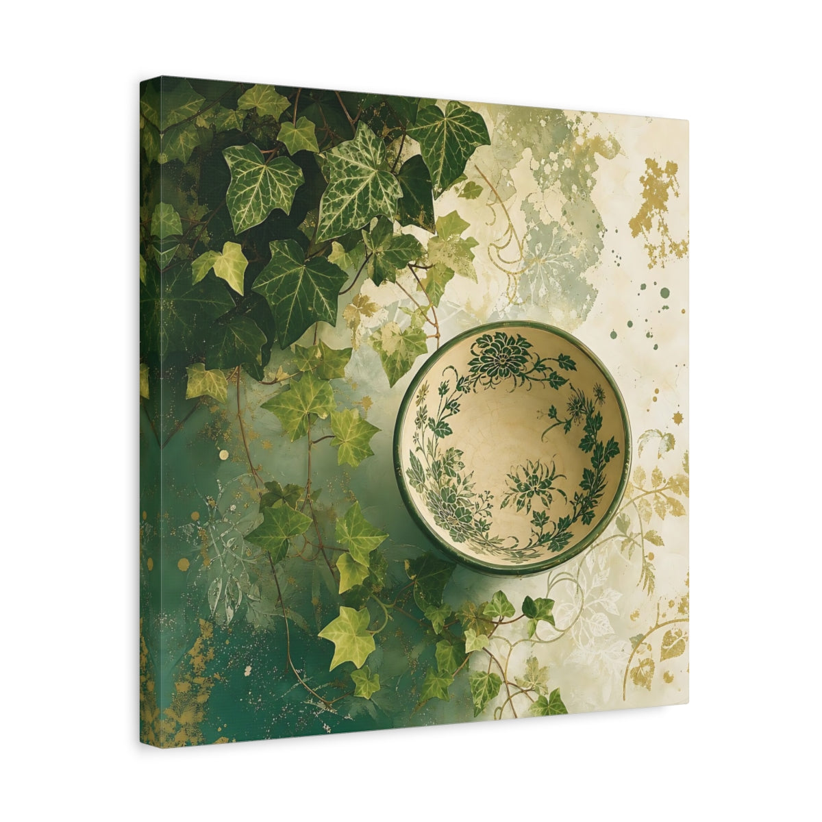 Side Mockup 6. Nature Ivy, Bowl Green And Gold shown as stretched canvas wall art