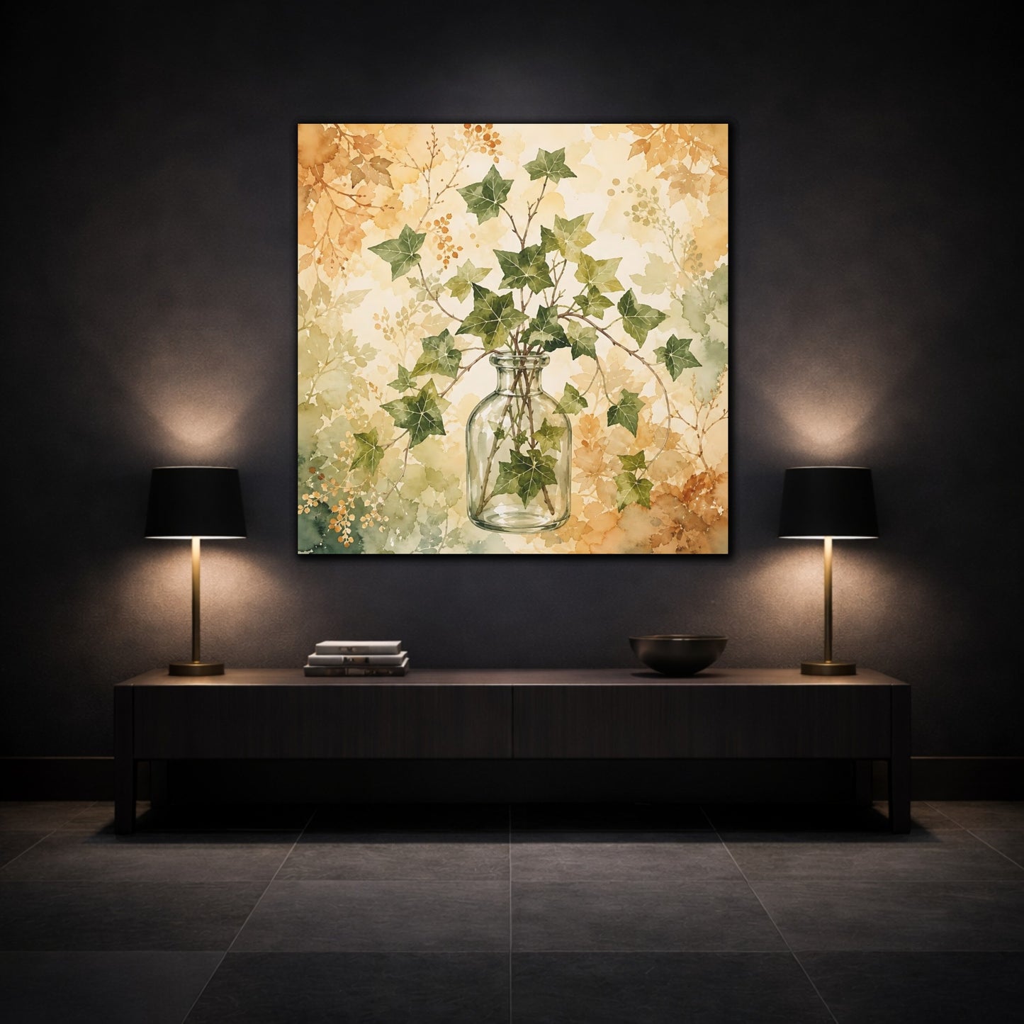 Mockup 3. Nature Ivy Green Ivy Botanical shown as stretched canvas wall art