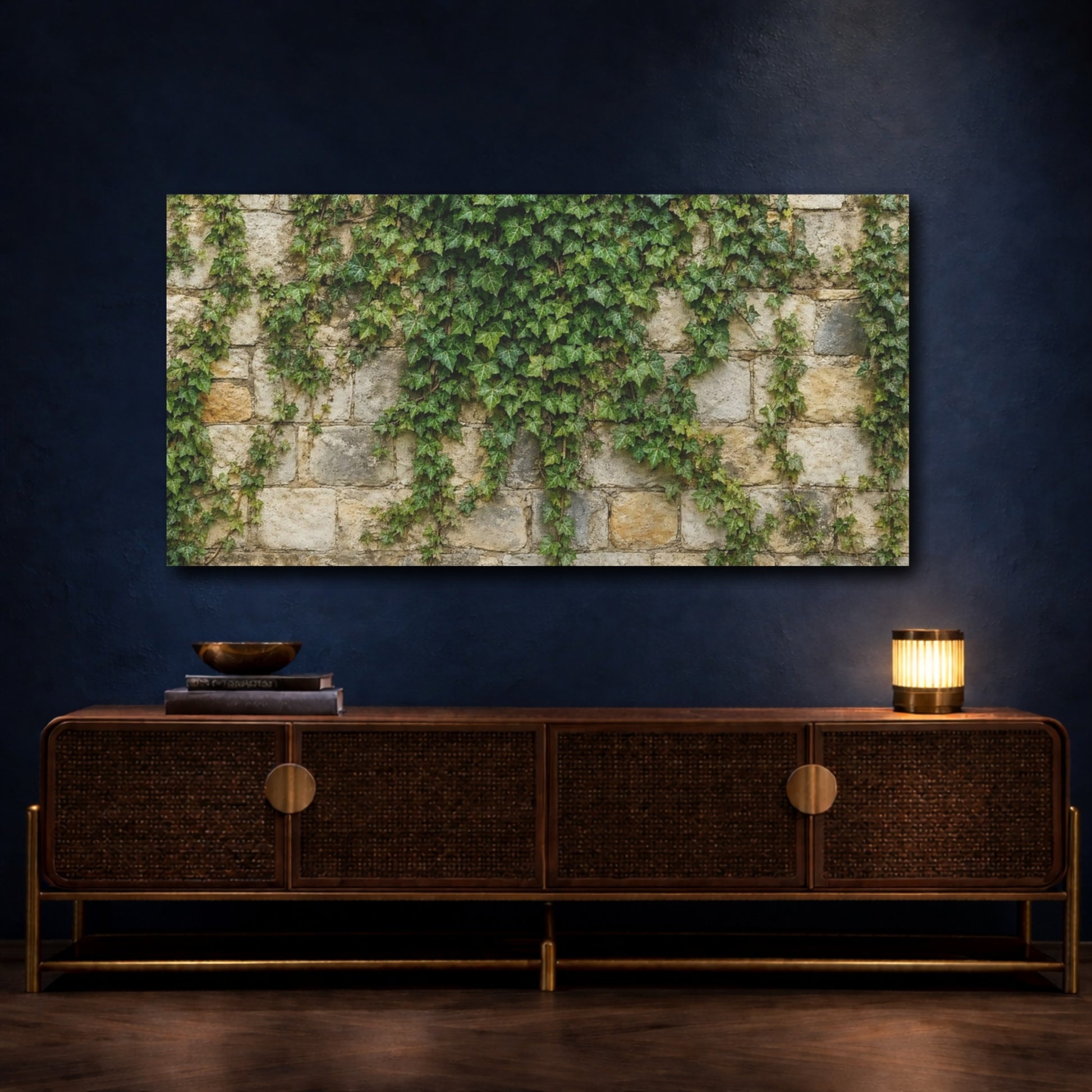Mockup 4. Nature Ivy Vines Green Ivy Wall shown as stretched canvas wall art