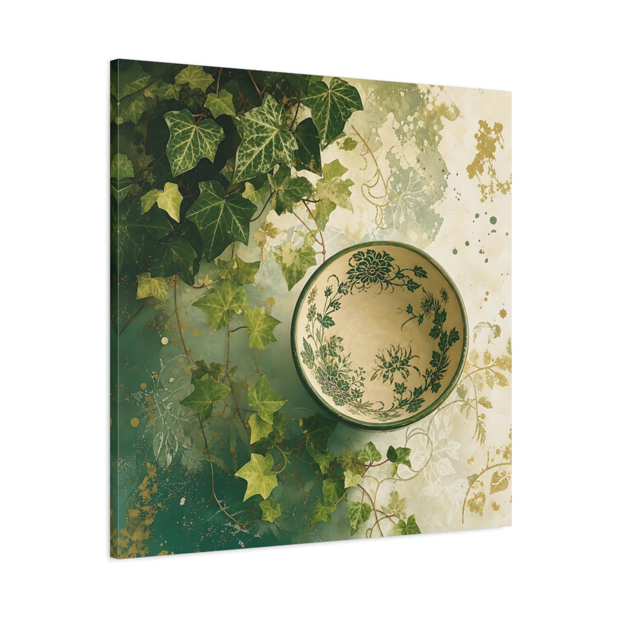Main Mockup. Nature Ivy, Bowl Green And Gold shown as stretched canvas wall art