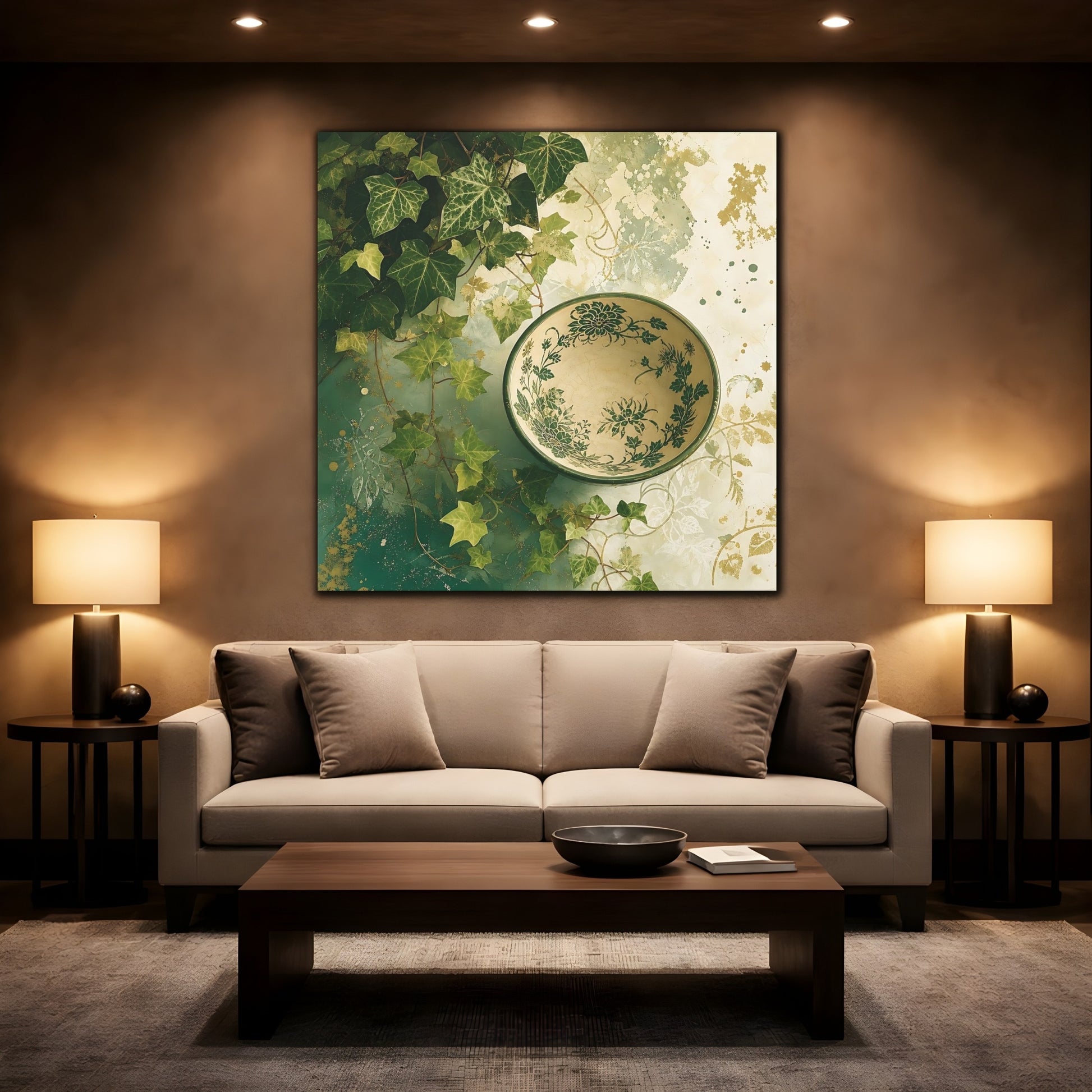 Mockup 2. Nature Ivy, Bowl Green And Gold shown as stretched canvas wall art