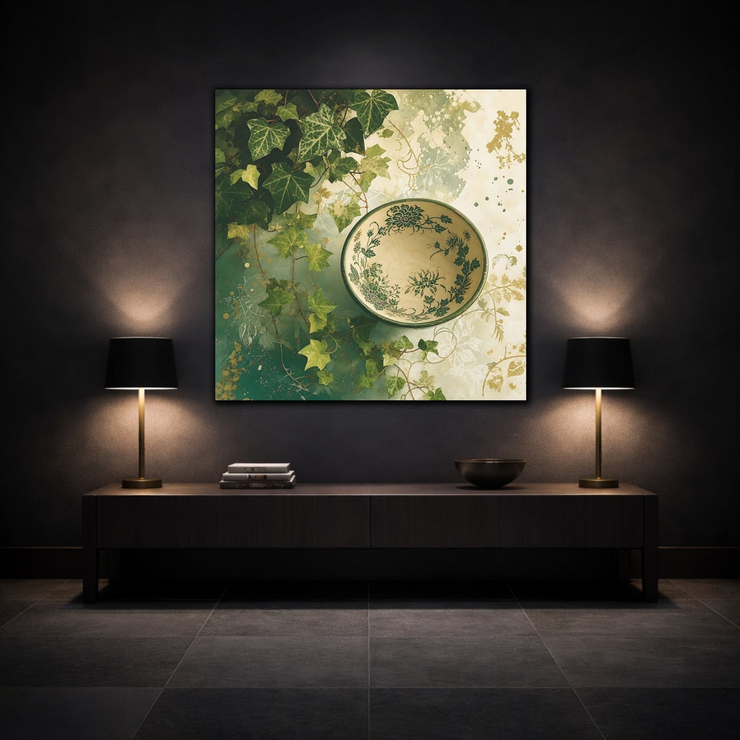 Mockup 3. Nature Ivy, Bowl Green And Gold shown as stretched canvas wall art