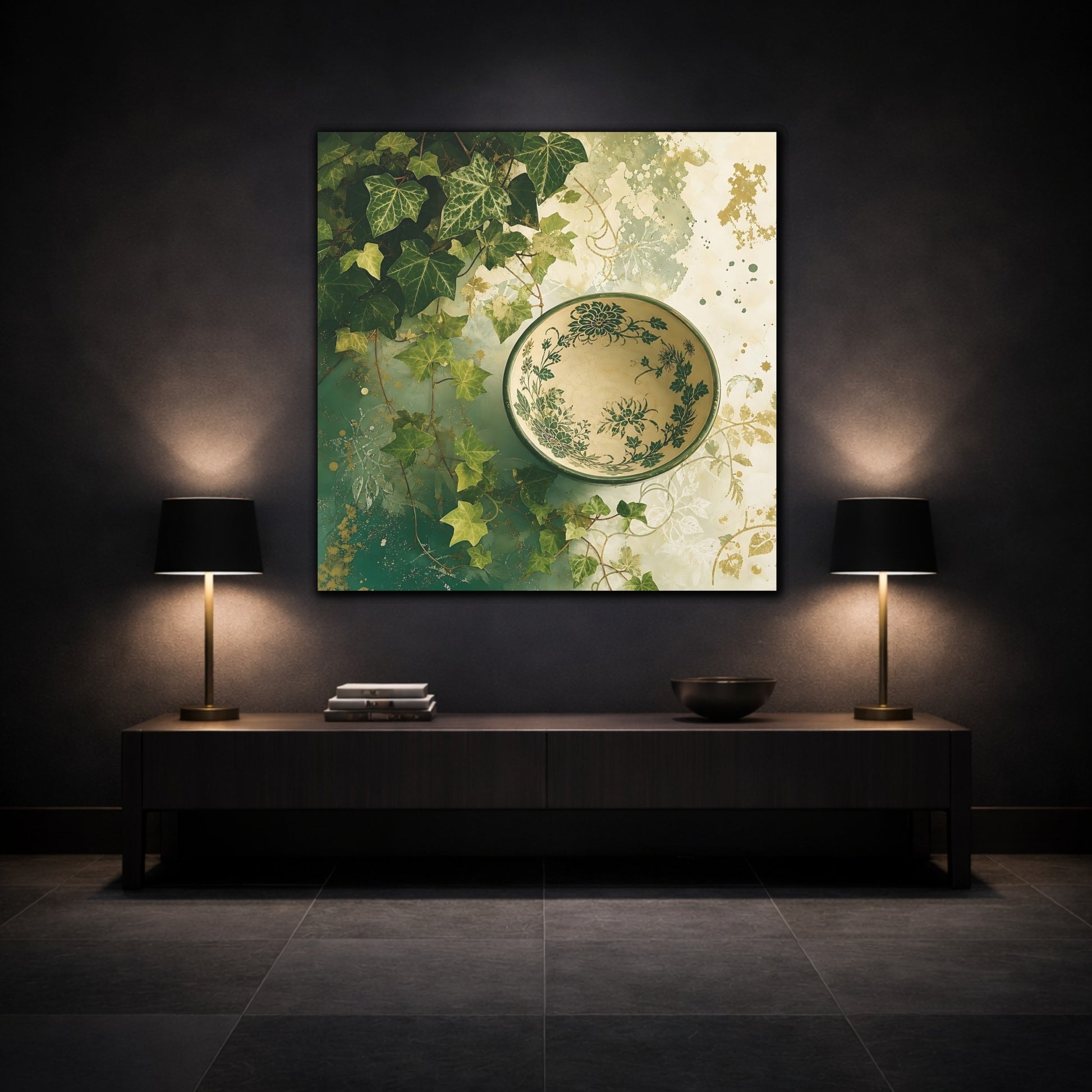 Mockup 3. Nature Ivy, Bowl Green And Gold shown as stretched canvas wall art