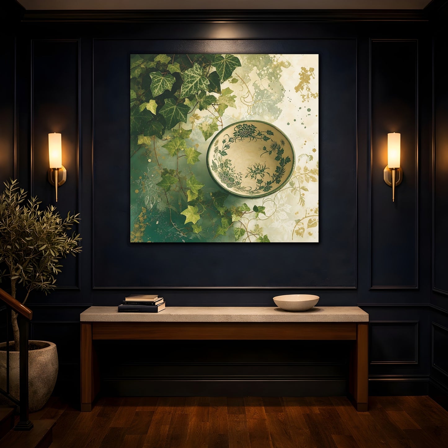 Mockup 4. Nature Ivy, Bowl Green And Gold shown as stretched canvas wall art