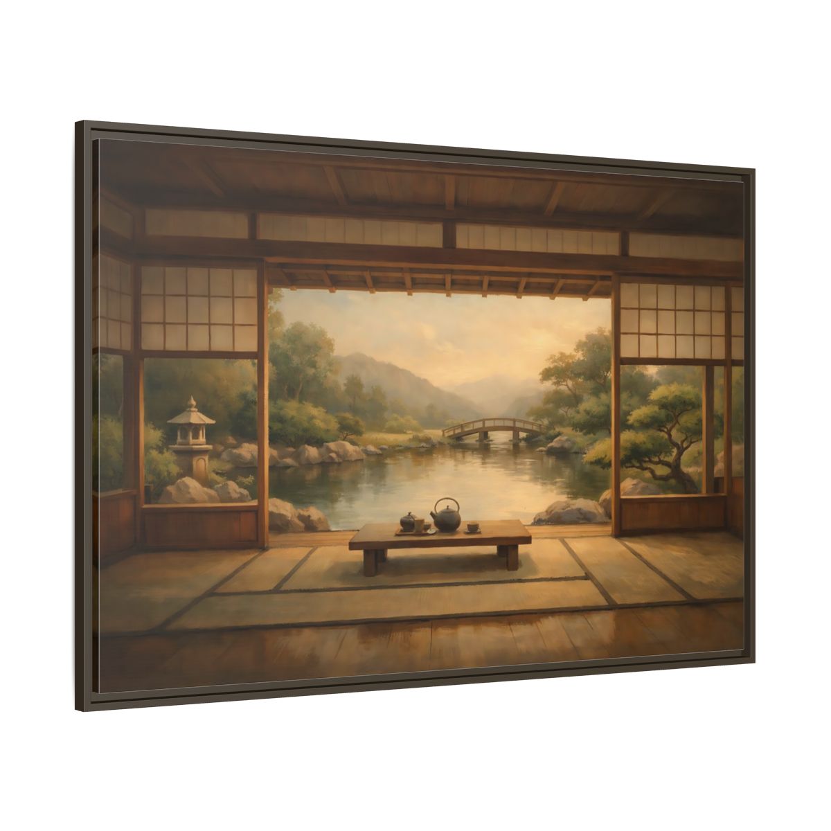 Main Mockup. Nature Japanese Garden Brown And Green shown as stretched canvas wall art
