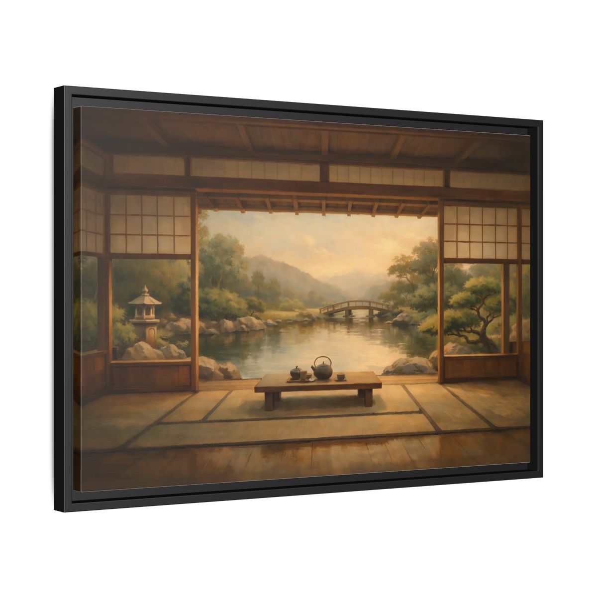 Side Mockup 14. Nature Japanese Garden Brown And Green shown as stretched canvas wall art