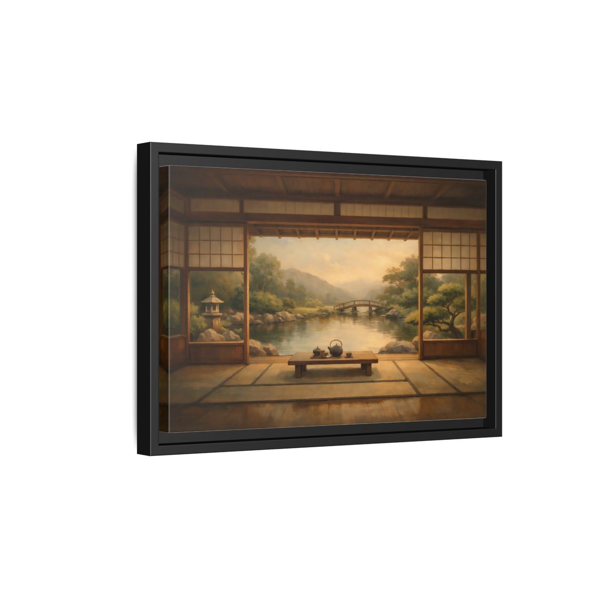 Side Mockup 6. Nature Japanese Garden Brown And Green shown as stretched canvas wall art