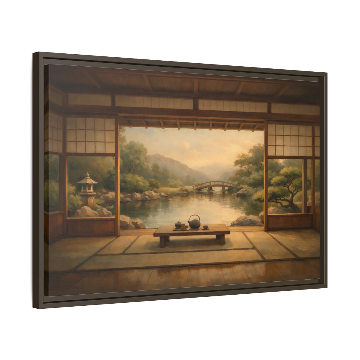 Side Mockup 11. Nature Japanese Garden Brown And Green shown as stretched canvas wall art