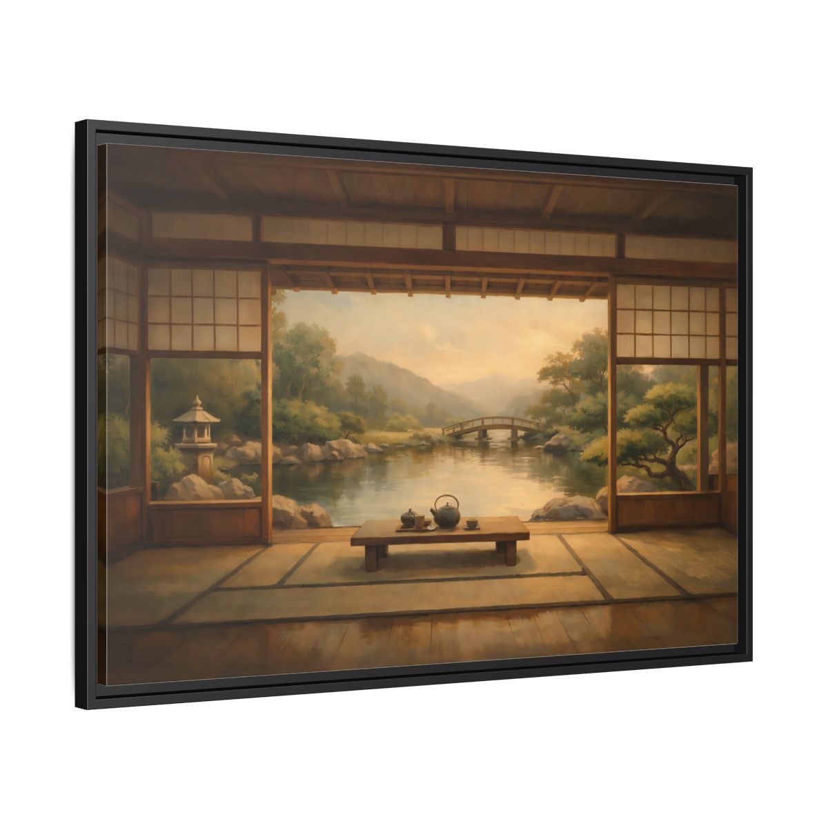 Side Mockup 13. Nature Japanese Garden Brown And Green shown as stretched canvas wall art