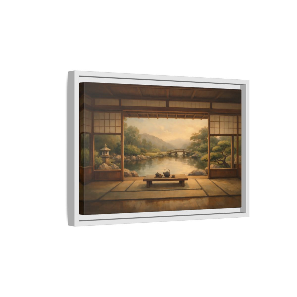 Side Mockup 4. Nature Japanese Garden Brown And Green shown as stretched canvas wall art