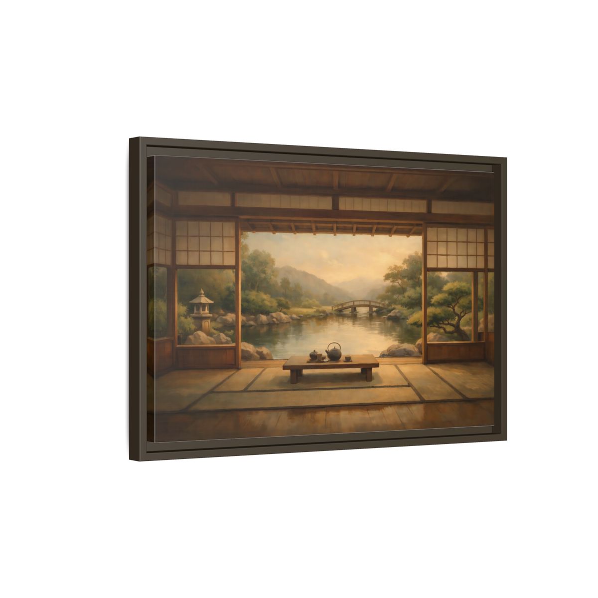 Side Mockup 2. Nature Japanese Garden Brown And Green shown as stretched canvas wall art
