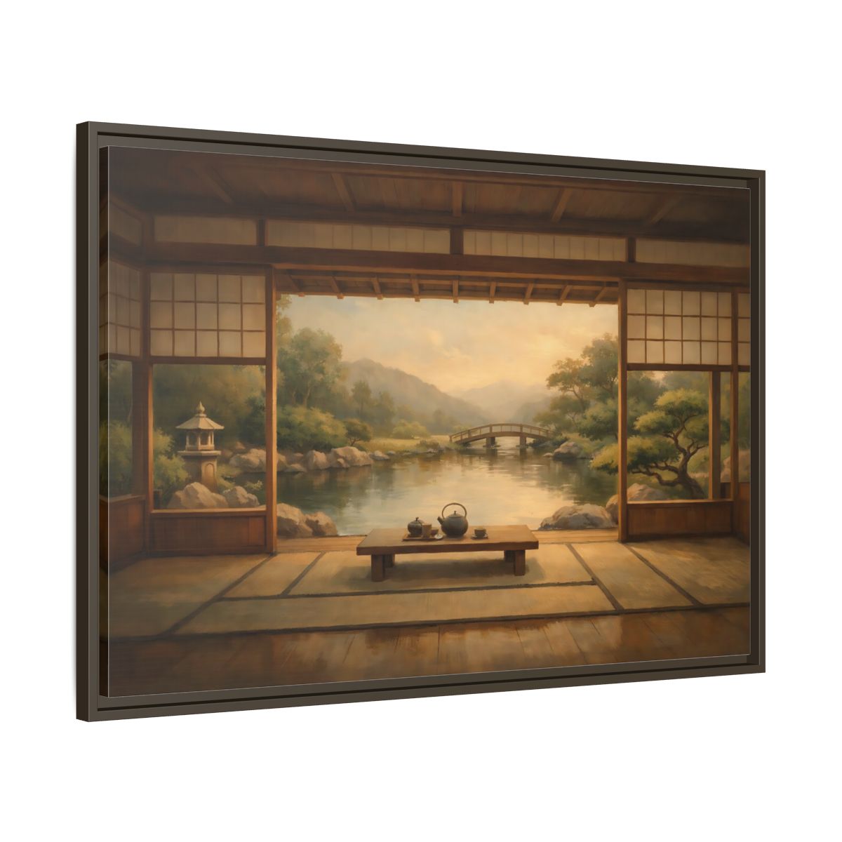 Side Mockup 9. Nature Japanese Garden Brown And Green shown as stretched canvas wall art