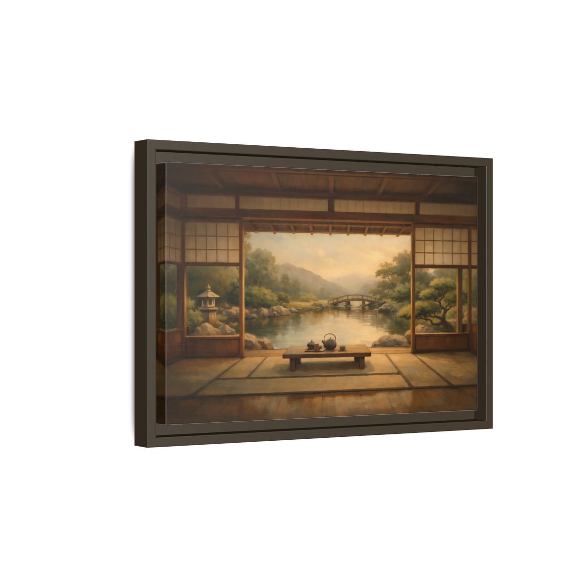 Side Mockup 5. Nature Japanese Garden Brown And Green shown as stretched canvas wall art