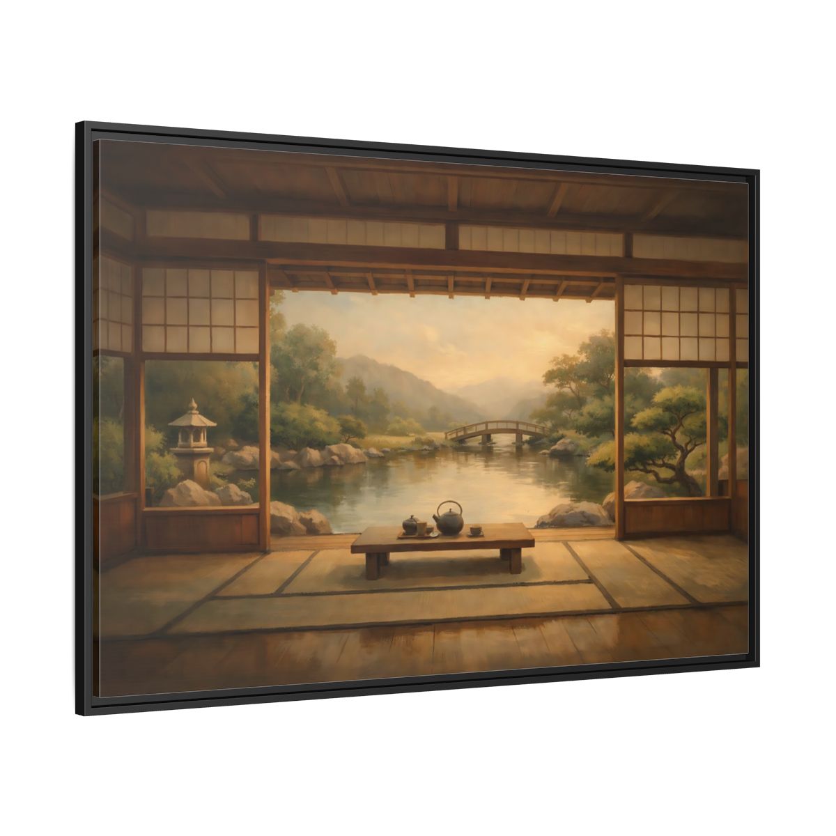 Side Mockup 12. Nature Japanese Garden Brown And Green shown as stretched canvas wall art