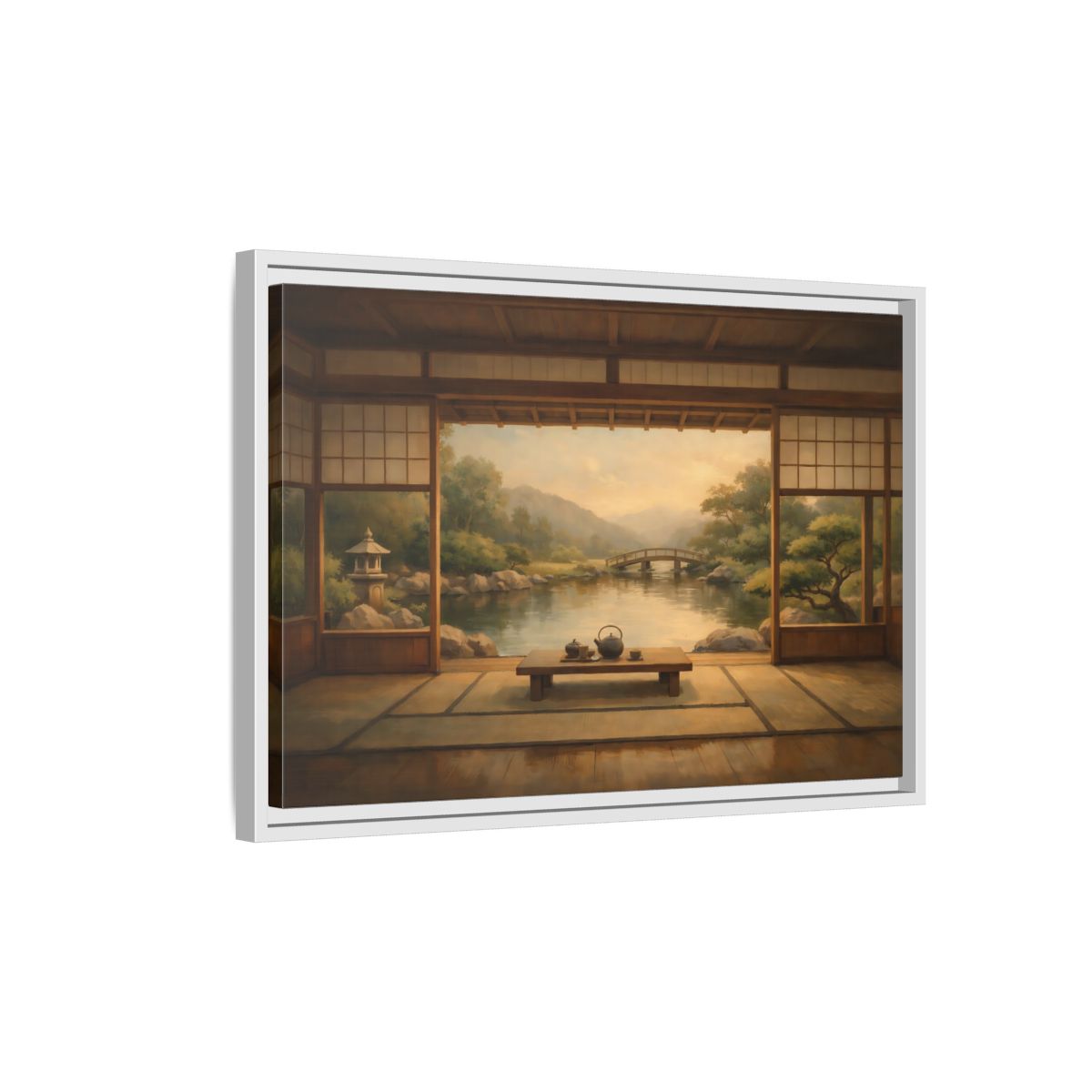 Side Mockup 1. Nature Japanese Garden Brown And Green shown as stretched canvas wall art