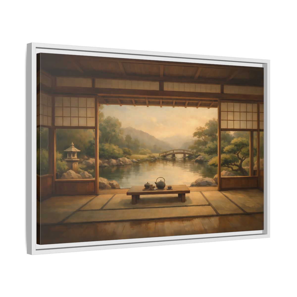 Side Mockup 10. Nature Japanese Garden Brown And Green shown as stretched canvas wall art