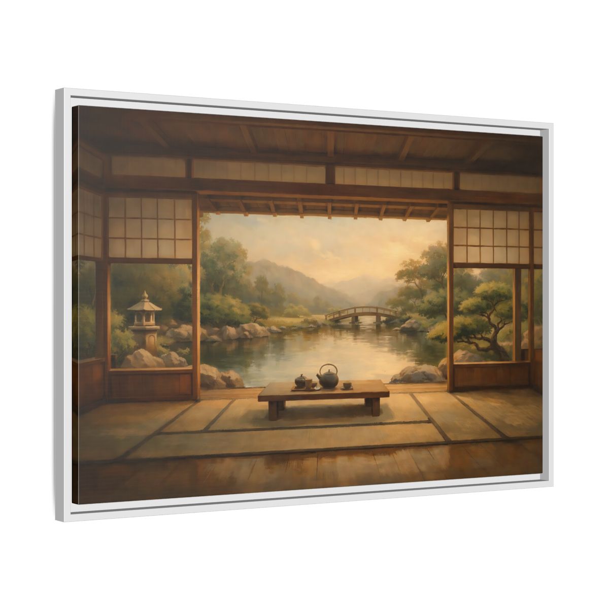 Side Mockup 8. Nature Japanese Garden Brown And Green shown as stretched canvas wall art