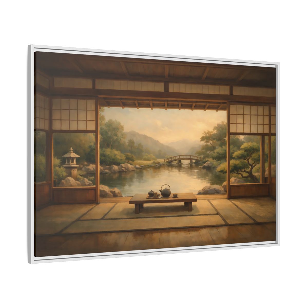 Side Mockup 7. Nature Japanese Garden Brown And Green shown as stretched canvas wall art