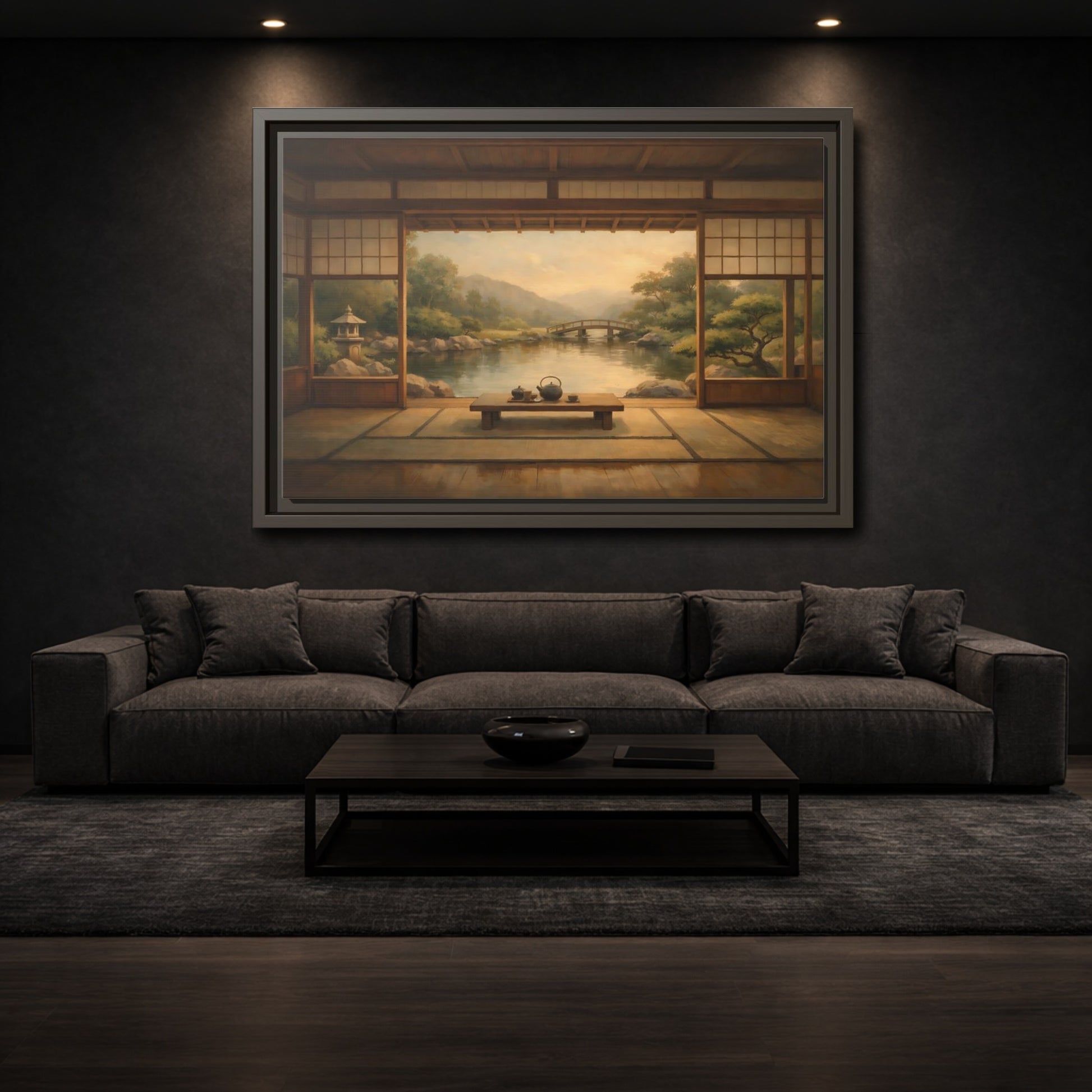 Mockup 2. Nature Japanese Garden Brown And Green shown as stretched canvas wall art