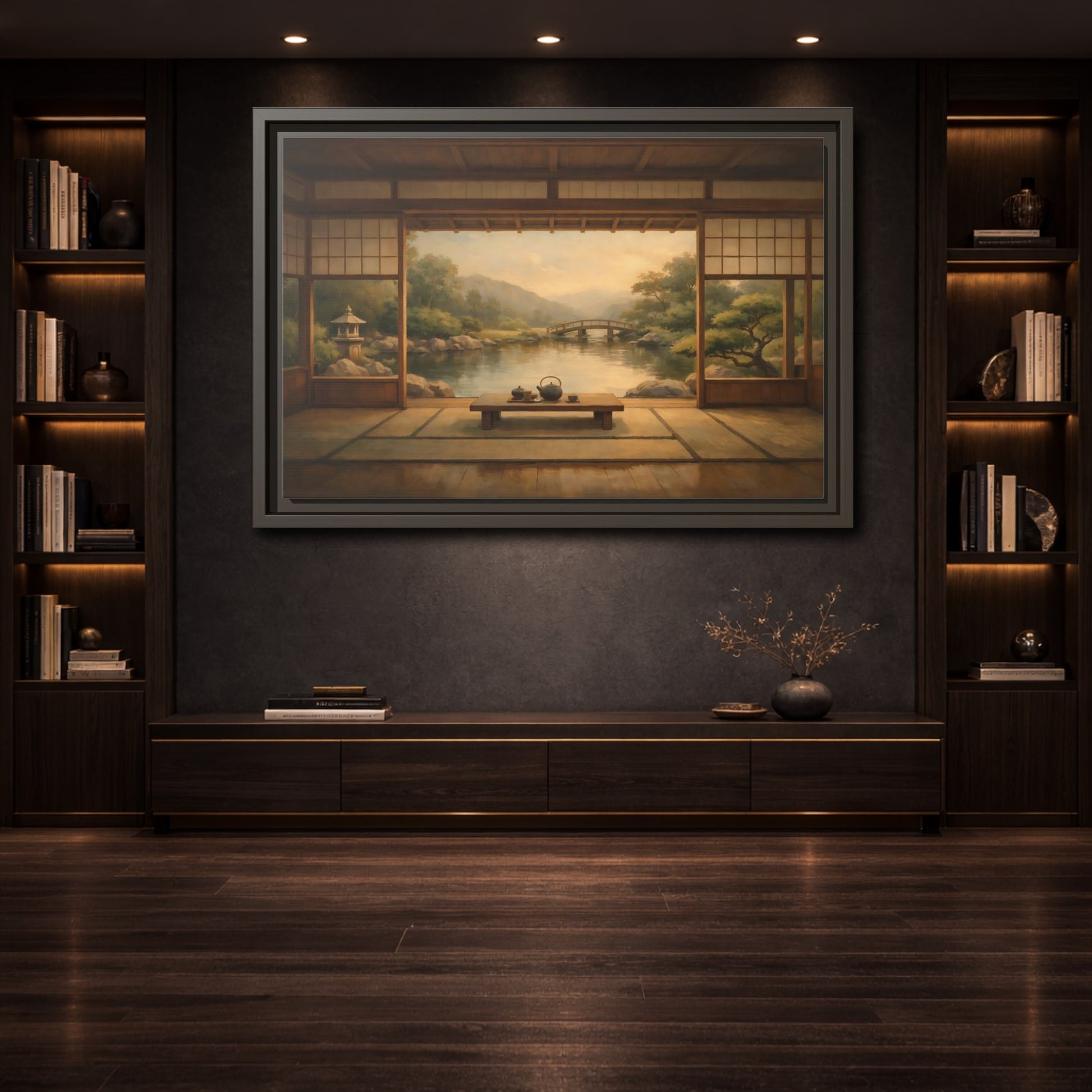 Mockup 3. Nature Japanese Garden Brown And Green shown as stretched canvas wall art