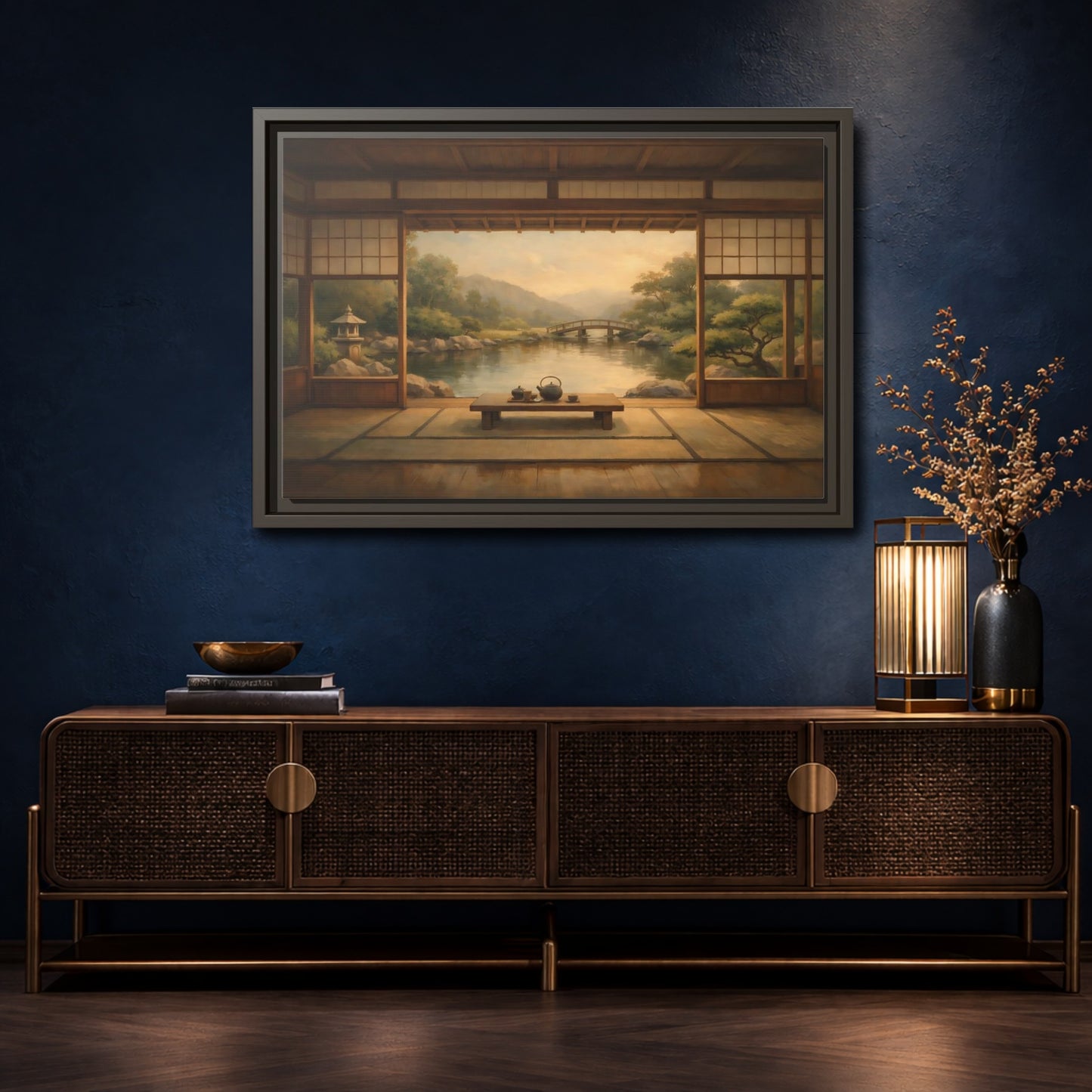 Mockup 4. Nature Japanese Garden Brown And Green shown as stretched canvas wall art