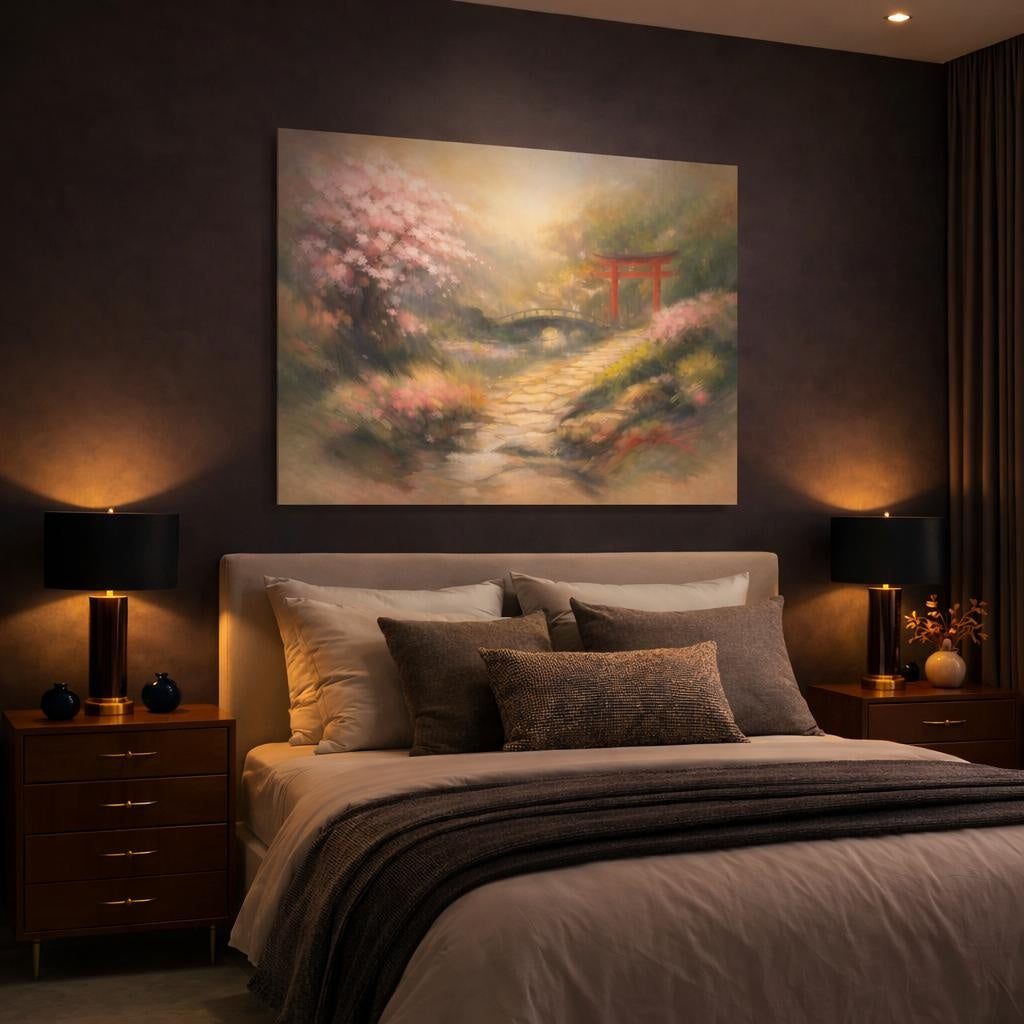 Nature Japanese Garden Japanese Garden Landscape shown as canvas wall art in a luxury bedroom