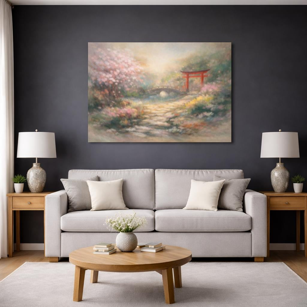 Nature Japanese Garden Japanese Garden Landscape shown as canvas wall art in a modern living room