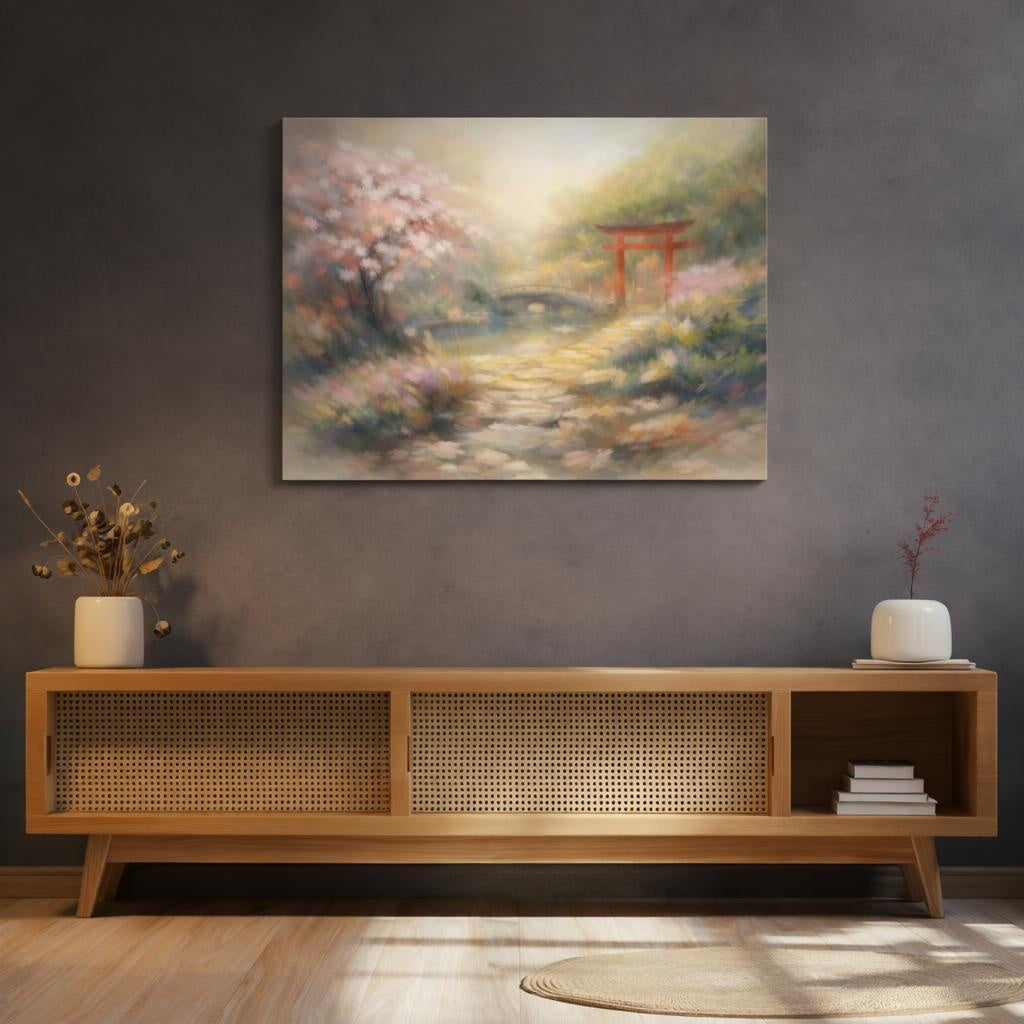 Nature Japanese Garden Japanese Garden Landscape shown as canvas wall art in a sophisticated contemporary living space