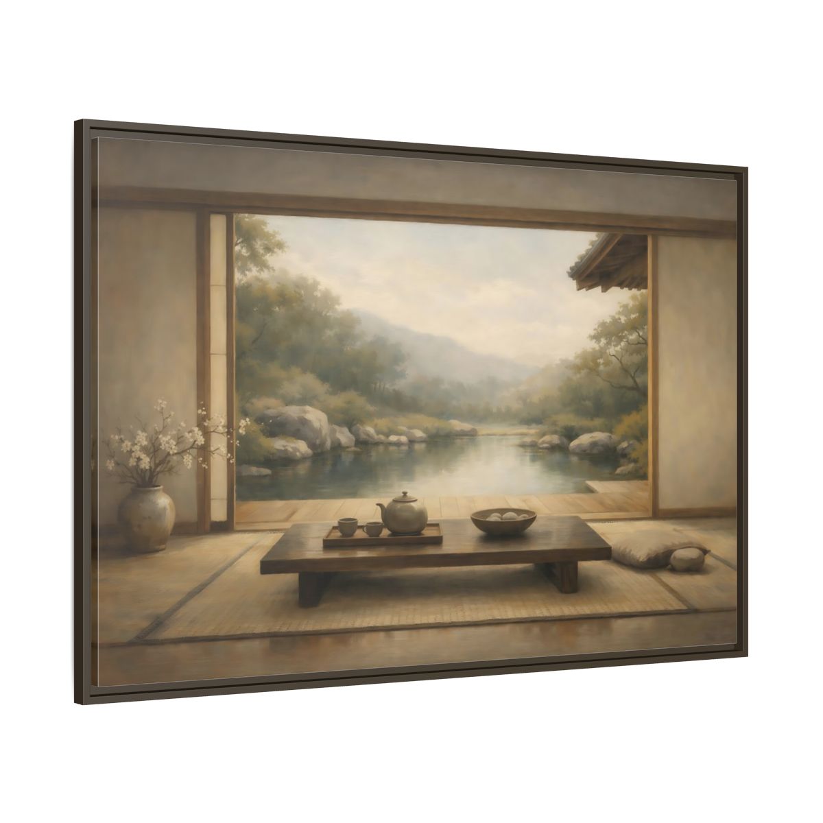 Main Mockup. Nature Japanese Garden Muted Landscape shown as stretched canvas wall art