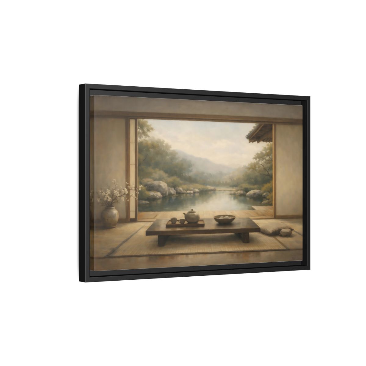 Side Mockup 3. Nature Japanese Garden Muted Landscape shown as stretched canvas wall art