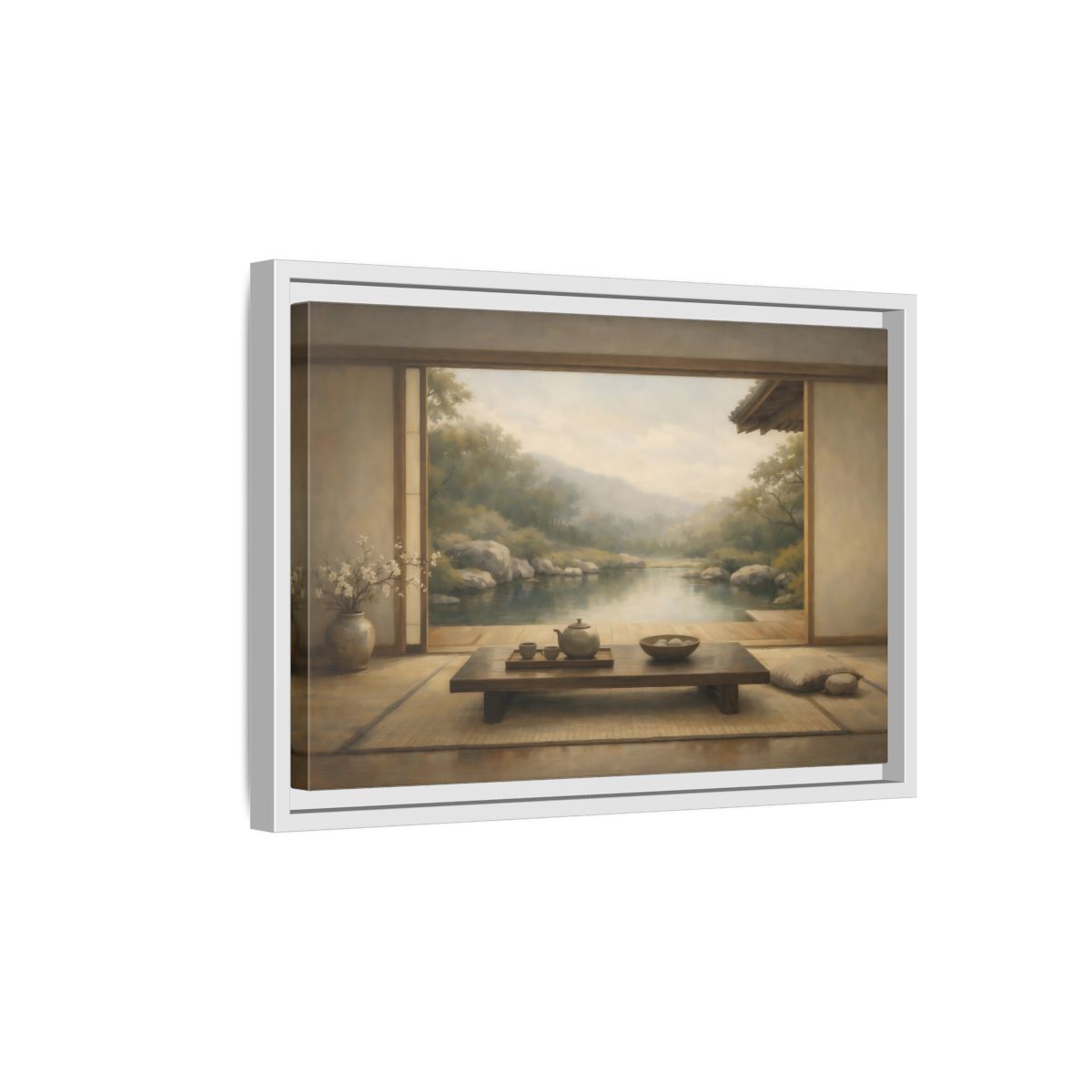 Side Mockup 4. Nature Japanese Garden Muted Landscape shown as stretched canvas wall art